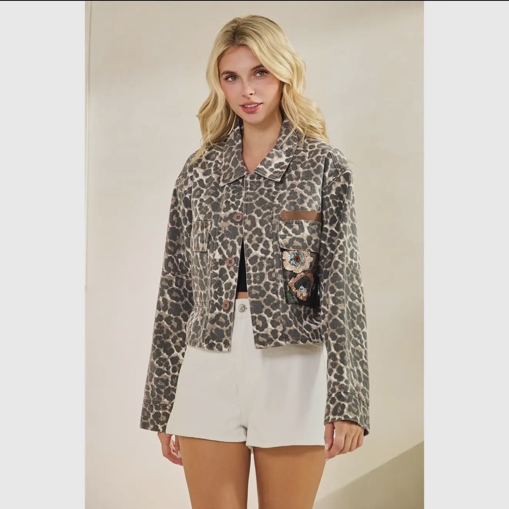 Leopard Denim Jacket with Floral Back